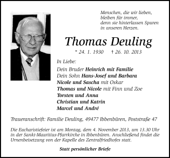 Traueranzeige von Thomas Deuling von Neue Osnabrücker Zeitung GmbH & Co. KG