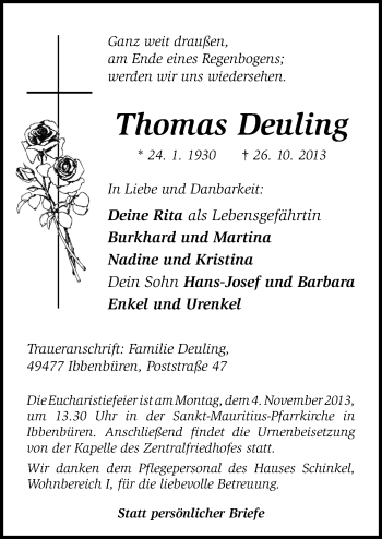 Traueranzeige von Thomas Deuling von Neue Osnabrücker Zeitung GmbH & Co. KG