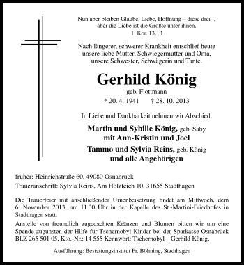 Traueranzeige von Gerhild König von Neue Osnabrücker Zeitung GmbH & Co. KG