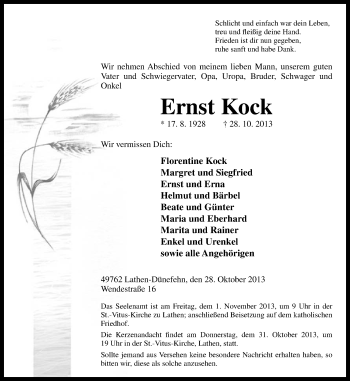 Traueranzeige von Ernst Kock von Neue Osnabrücker Zeitung GmbH & Co. KG