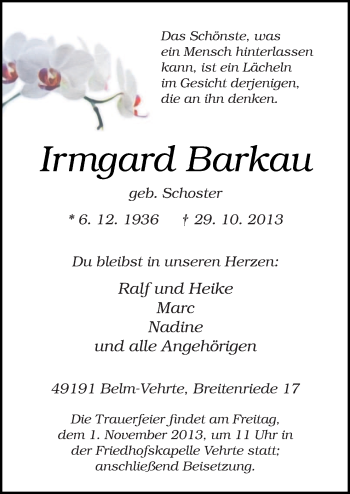 Traueranzeige von Irmgard Barkau von Neue Osnabrücker Zeitung GmbH & Co. KG