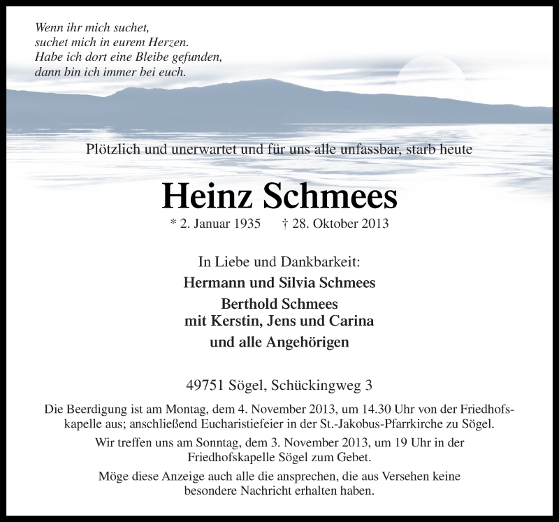  Traueranzeige für Heinz Schmees vom 31.10.2013 aus Neue Osnabrücker Zeitung GmbH & Co. KG