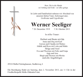 Traueranzeige von Werner Seeliger von Neue Osnabrücker Zeitung GmbH & Co. KG