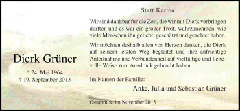 Traueranzeige von Dierk Grüner von Neue Osnabrücker Zeitung GmbH & Co. KG