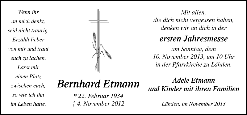  Traueranzeige für Bernhard Etmann vom 04.11.2013 aus Neue Osnabrücker Zeitung GmbH & Co. KG