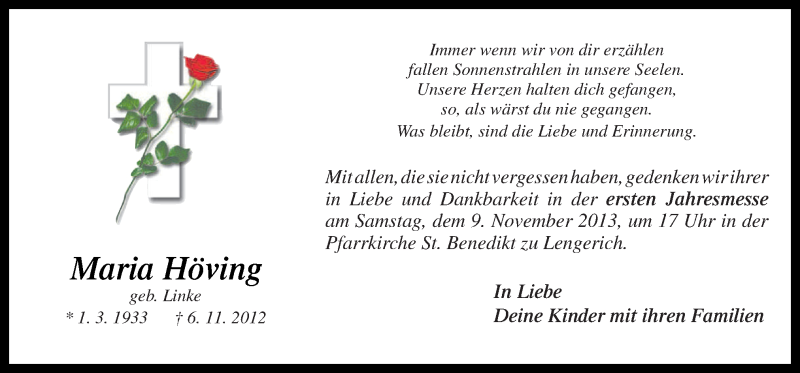  Traueranzeige für Maria Höving vom 06.11.2013 aus Neue Osnabrücker Zeitung GmbH & Co. KG