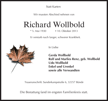 Traueranzeige von Richard Wollbold von Neue Osnabrücker Zeitung GmbH & Co. KG