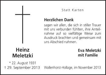 Traueranzeige von Heinz Meletzki von Neue Osnabrücker Zeitung GmbH & Co. KG
