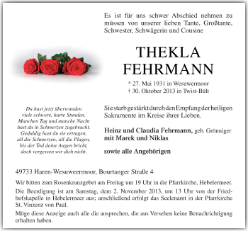 Traueranzeige von Thekla Fehrmann von Neue Osnabrücker Zeitung GmbH & Co. KG