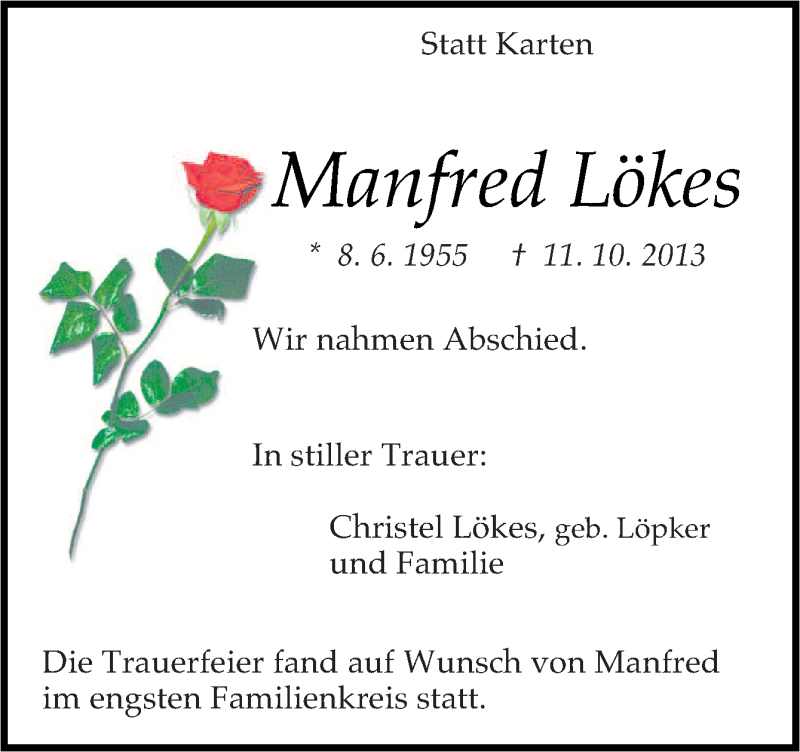  Traueranzeige für Manfred Lökes vom 02.11.2013 aus Neue Osnabrücker Zeitung GmbH & Co. KG