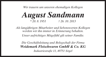Traueranzeige von August Sandmann von Neue Osnabrücker Zeitung GmbH & Co. KG