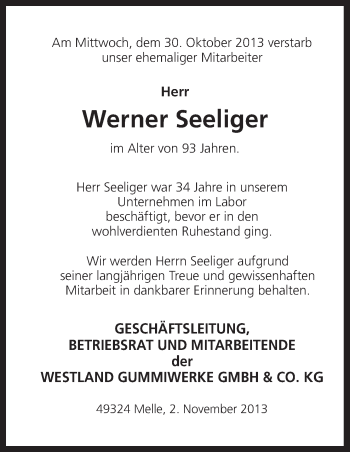 Traueranzeige von Werner Seeliger von Neue Osnabrücker Zeitung GmbH & Co. KG