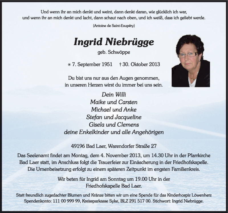  Traueranzeige für Ingrid Niebrügge vom 01.11.2013 aus Neue Osnabrücker Zeitung GmbH & Co. KG