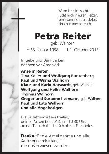 Traueranzeige von Petra Reiter von Neue Osnabrücker Zeitung GmbH & Co. KG