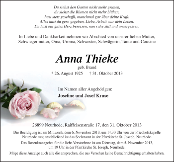 Traueranzeige von Anna Thieke von Neue Osnabrücker Zeitung GmbH & Co. KG