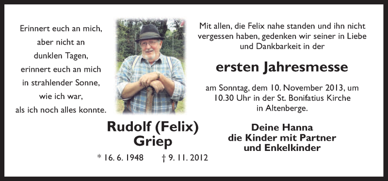  Traueranzeige für Rudolf Griep vom 07.11.2013 aus Neue Osnabrücker Zeitung GmbH & Co. KG