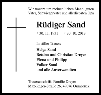 Traueranzeige von Rüdiger Sand von Neue Osnabrücker Zeitung GmbH & Co. KG