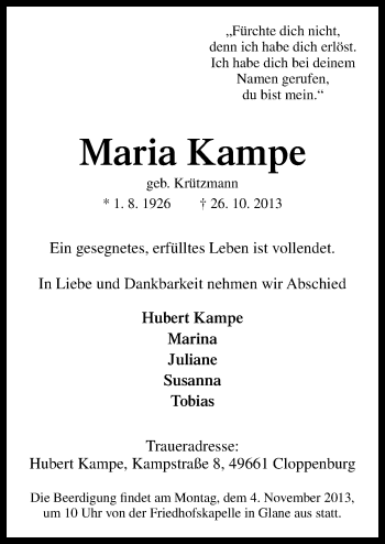 Traueranzeige von Maria Kampe von Neue Osnabrücker Zeitung GmbH & Co. KG