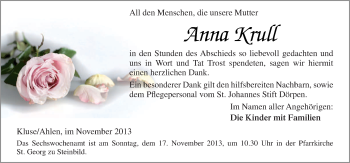 Traueranzeige von Anna Krull von Neue Osnabrücker Zeitung GmbH & Co. KG