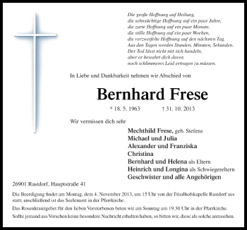 Traueranzeige von Bernhard Frese von Neue Osnabrücker Zeitung GmbH & Co. KG