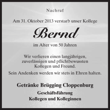 Traueranzeige von Bernd  von Neue Osnabrücker Zeitung GmbH & Co. KG