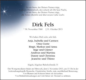 Traueranzeige von Dirk Fels von Neue Osnabrücker Zeitung GmbH & Co. KG
