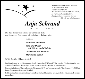 Traueranzeige von Anja Schrand von Neue Osnabrücker Zeitung GmbH & Co. KG