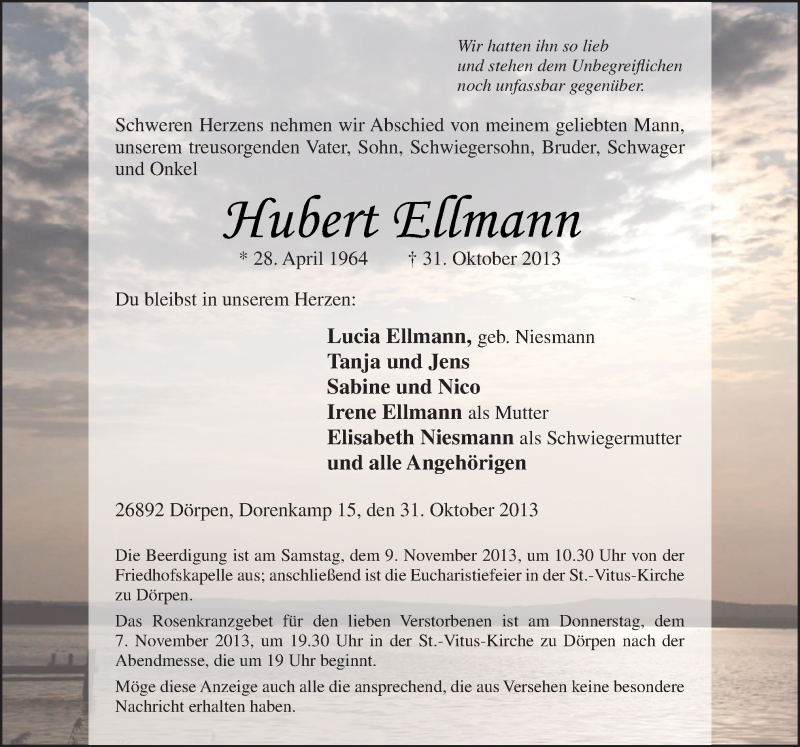  Traueranzeige für Hubert Ellmann vom 05.11.2013 aus Neue Osnabrücker Zeitung GmbH & Co. KG