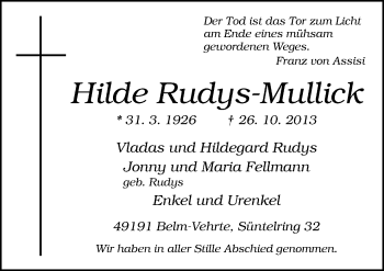 Traueranzeige von Hilde Rudys-Mullick von Neue Osnabrücker Zeitung GmbH & Co. KG