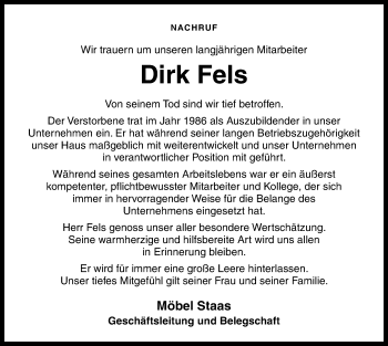 Traueranzeige von Dirk Fels von Neue Osnabrücker Zeitung GmbH & Co. KG
