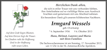 Traueranzeige von Irmgard Wessels von Neue Osnabrücker Zeitung GmbH & Co. KG