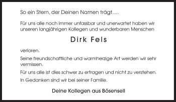 Traueranzeige von Dirk Fels von Neue Osnabrücker Zeitung GmbH & Co. KG