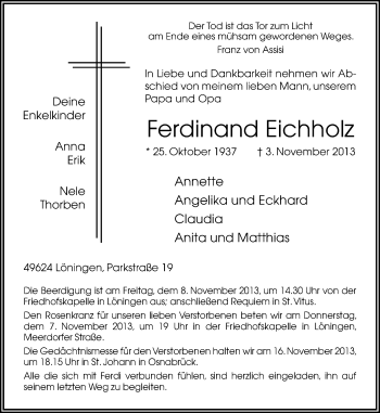 Traueranzeige von Ferdinand Eichholz von Neue Osnabrücker Zeitung GmbH & Co. KG