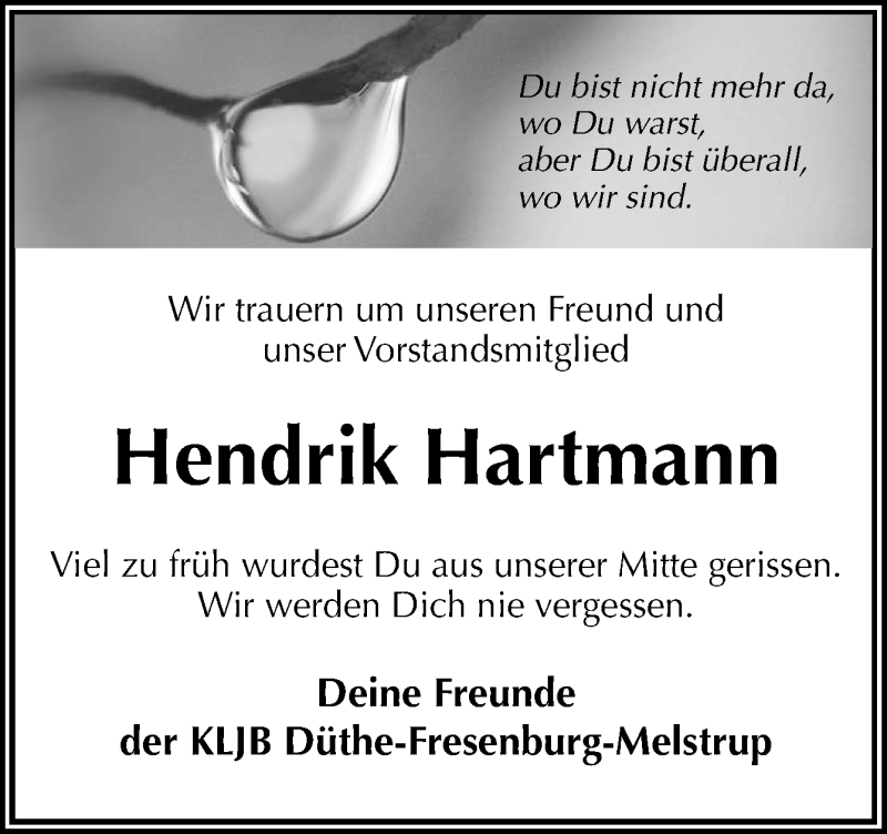  Traueranzeige für Hendrik Hartmann vom 07.11.2013 aus Neue Osnabrücker Zeitung GmbH & Co. KG