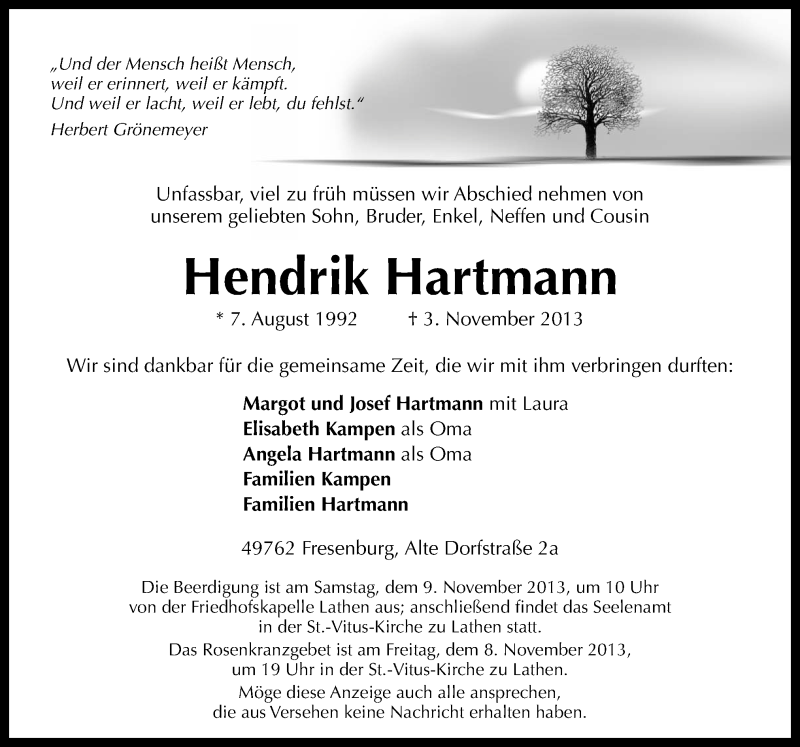  Traueranzeige für Hendrik Hartmann vom 06.11.2013 aus Neue Osnabrücker Zeitung GmbH & Co. KG