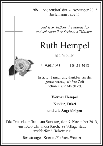 Traueranzeige von Ruth Hempel von Neue Osnabrücker Zeitung GmbH & Co. KG