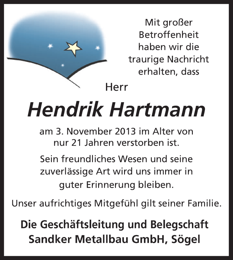  Traueranzeige für Hendrik Hartmann vom 06.11.2013 aus Neue Osnabrücker Zeitung GmbH & Co. KG