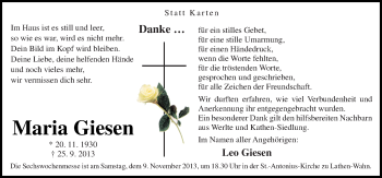 Traueranzeige von Maria Giesen von Neue Osnabrücker Zeitung GmbH & Co. KG