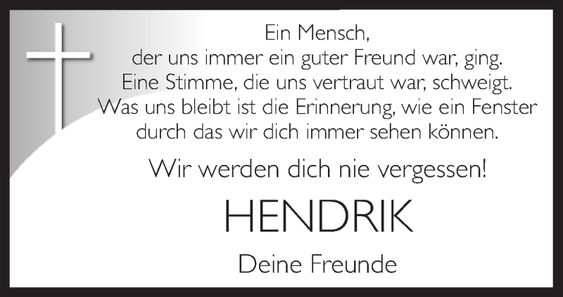  Traueranzeige für Hendrik Hartmann vom 07.11.2013 aus Neue Osnabrücker Zeitung GmbH & Co. KG