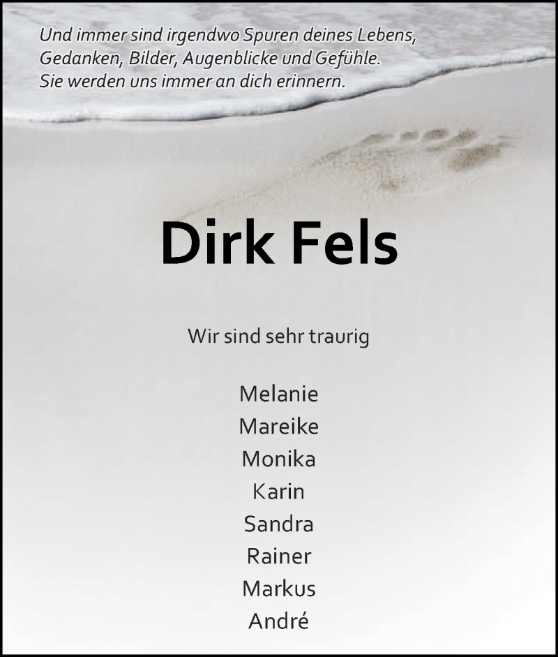  Traueranzeige für Dirk Fels vom 07.11.2013 aus Neue Osnabrücker Zeitung GmbH & Co. KG