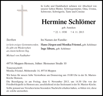 Traueranzeige von Hermine Schlömer von Neue Osnabrücker Zeitung GmbH & Co. KG