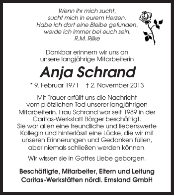 Traueranzeige von Anja Schrand von Neue Osnabrücker Zeitung GmbH & Co. KG