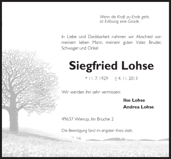Traueranzeige von Siegfried Lohse von Neue Osnabrücker Zeitung GmbH & Co. KG