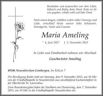 Traueranzeige von Maria Ameling von Neue Osnabrücker Zeitung GmbH & Co. KG