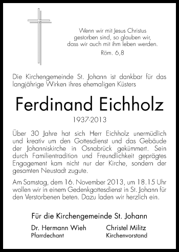 Traueranzeige von Ferdinand Eichholz von Neue Osnabrücker Zeitung GmbH & Co. KG