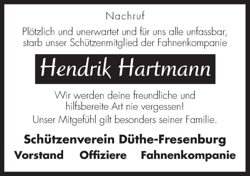  Traueranzeige für Hendrik Hartmann vom 08.11.2013 aus Neue Osnabrücker Zeitung GmbH & Co. KG