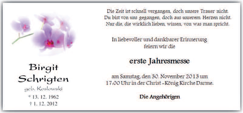  Traueranzeige für Birgit Schrigten vom 27.11.2013 aus Neue Osnabrücker Zeitung GmbH & Co. KG