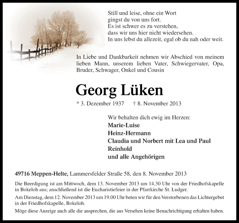  Traueranzeige für Georg Lüken vom 09.11.2013 aus Neue Osnabrücker Zeitung GmbH & Co. KG