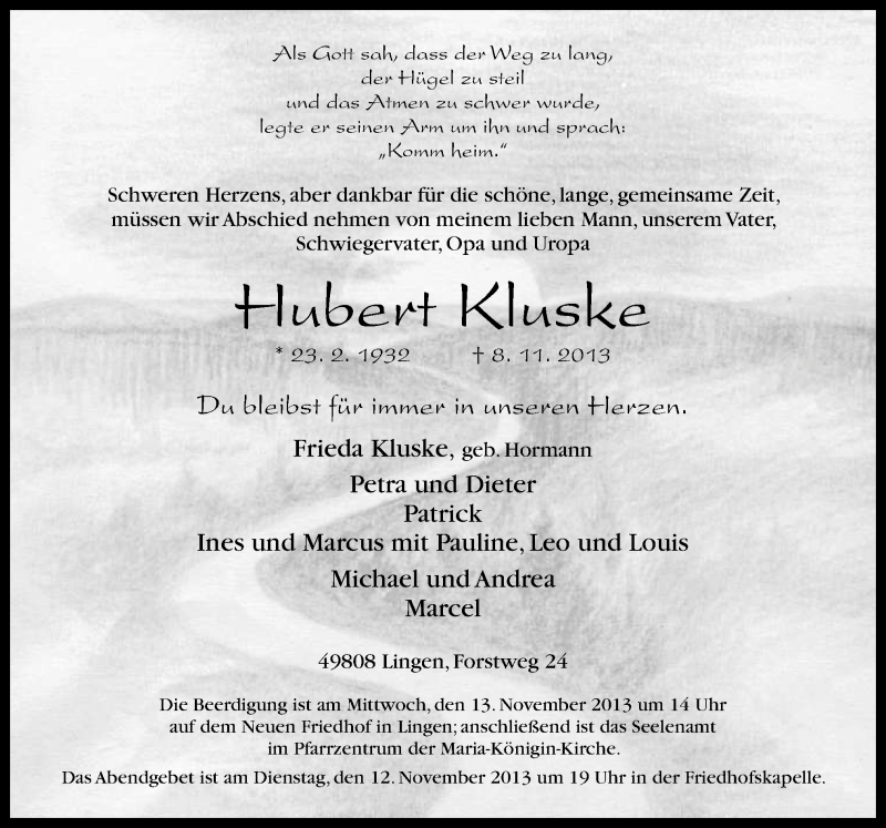  Traueranzeige für Hubert Kluske vom 11.11.2013 aus Neue Osnabrücker Zeitung GmbH & Co. KG