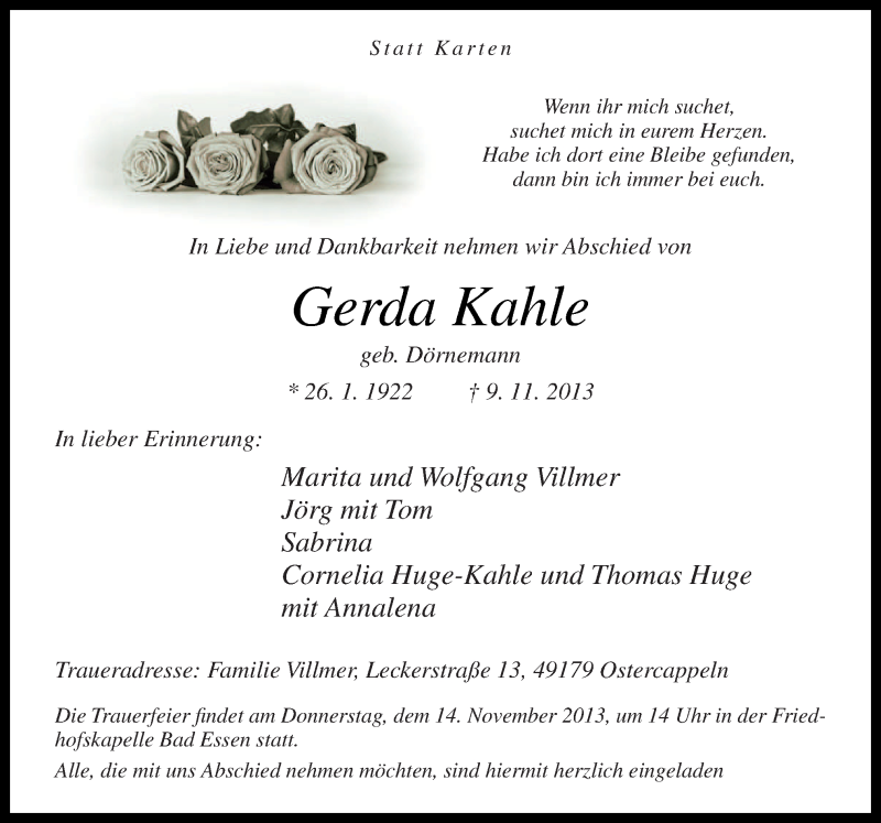  Traueranzeige für Gerda Kahle vom 11.11.2013 aus Neue Osnabrücker Zeitung GmbH & Co. KG